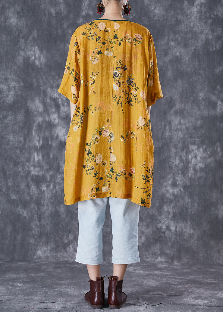 Vintage Yellow Tasseled Print Linen Dresses Summer