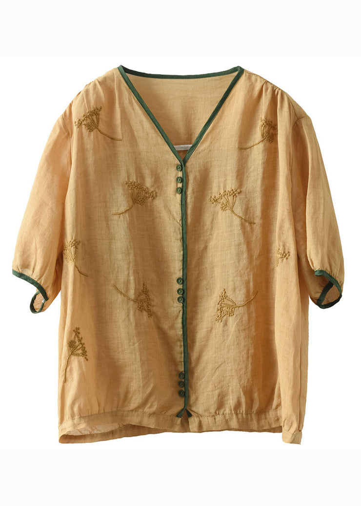 Vintage Yellow V Neck Embroideried Patchwork Linen Top Summer