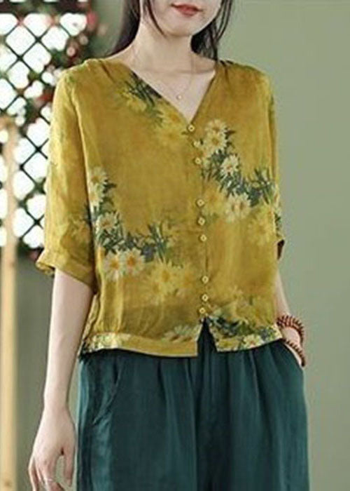 Vintage Yellow V Neck Print Linen Shirt Tops Half Sleeve