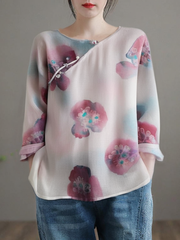 Grace Pink O Neck Print Chinese Button Linen Blouse Top Fall