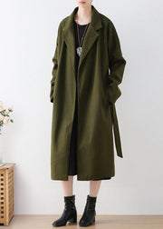 Vogue Army Green Notched Tie Waist Woolen Trench Coats Winter