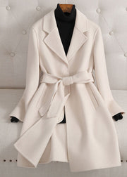 Vogue Beige Notched Tie Waist Woolen Long Coats Fall