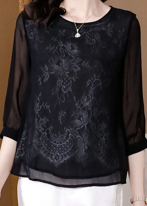 Vogue Black Embroideried Lace Patchwork Silk Tops Bracelet Sleeve