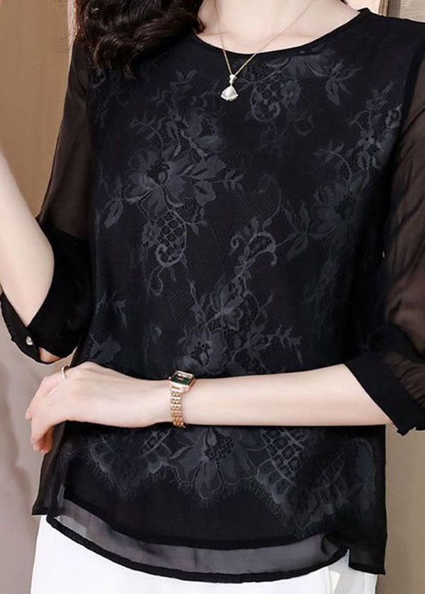 Vogue Black Embroideried Lace Patchwork Silk Tops Bracelet Sleeve