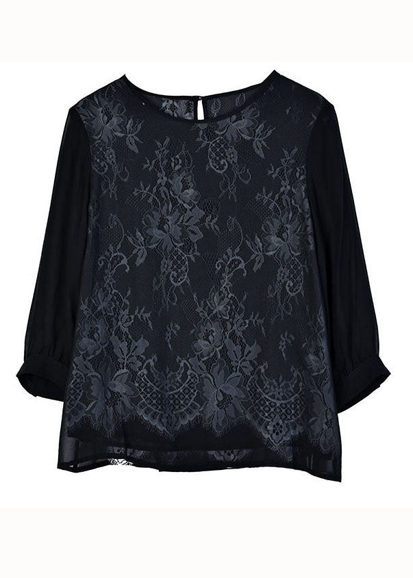 Vogue Black Embroideried Lace Patchwork Silk Tops Bracelet Sleeve