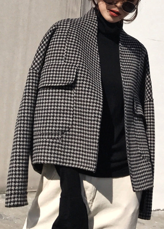 Vogue Black Notched Plaid Pockets Cashmere Coat Long Sleeve