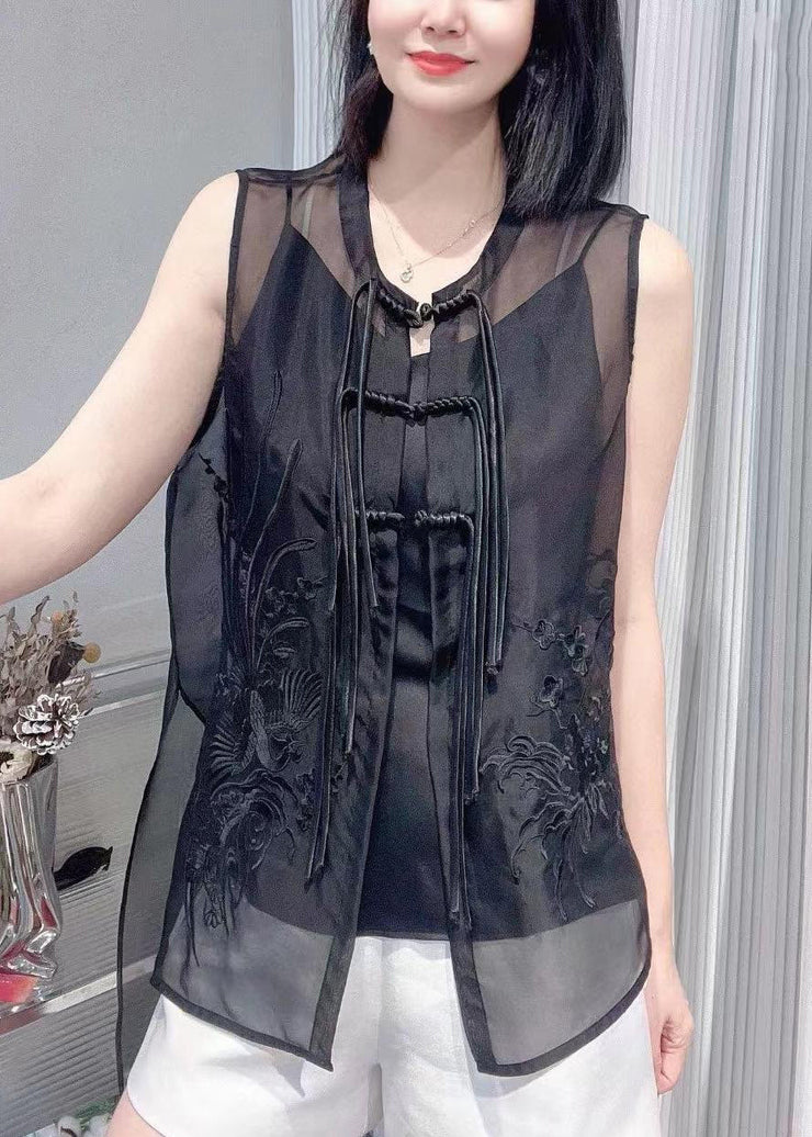 Vogue Black O-Neck Embroideried Button Silk Waistcoat Summer