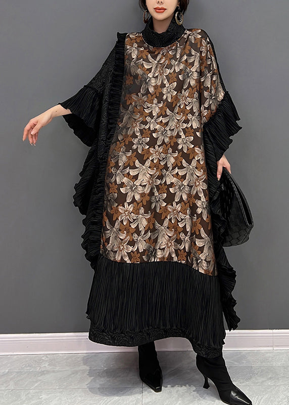 Vogue Black O-Neck Ruffles Print Long Dresses Batwing Sleeve