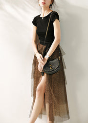 Vogue Black O-Neck T Shirts And Tulle Maxi skirts Two Pieces Set Summer