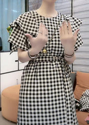 Vogue Black Plaid Tie Waist Long Dresses Short Sleeve