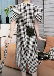 Vogue Black Plaid Tie Waist Long Dresses Short Sleeve