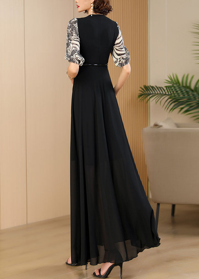 Vogue Black Print Patchwork High Waist Sashes Chiffon Maxi Dress Summer