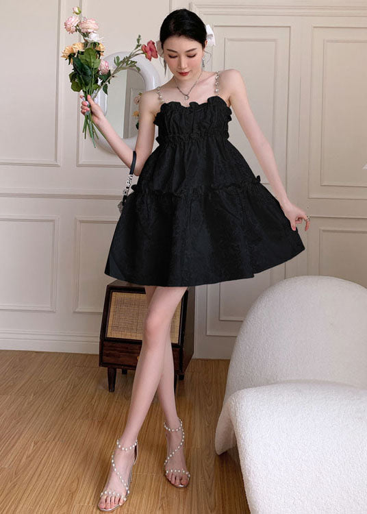 Vogue Black Ruffled Jacquard Cotton Spaghetti Strap Dress Summer