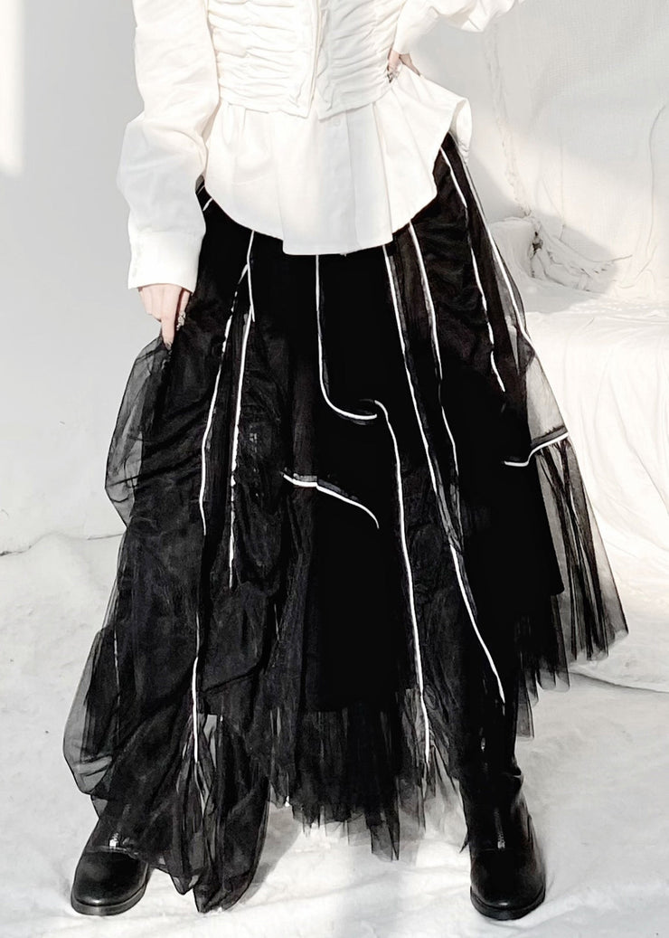 Vogue Black Striped Patchwork Elastic Waist Tulle Skirt Summer