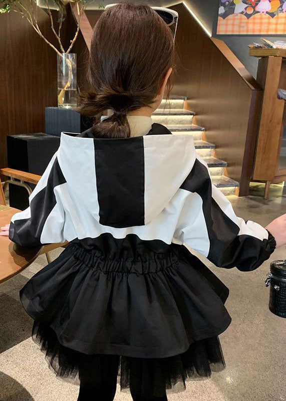 Vogue Black Tulle Wrinkled Patchwork Girls Hoodie Coat Fall