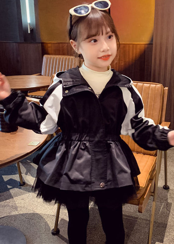 Vogue Black Tulle Wrinkled Patchwork Girls Hoodie Coat Fall