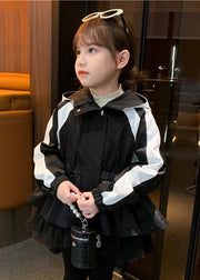 Vogue Black Tulle Wrinkled Patchwork Girls Hoodie Coat Fall