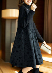 Vogue Black Turtleneck Lace Patchwork Maxi Dress Fall