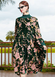 Vogue Blackish Green Turtleneck Print Wrinkled Silk Velour Maxi Dress Fall