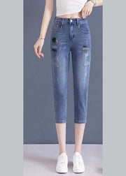 Vogue Blue Embroideried Button Crop Jeans