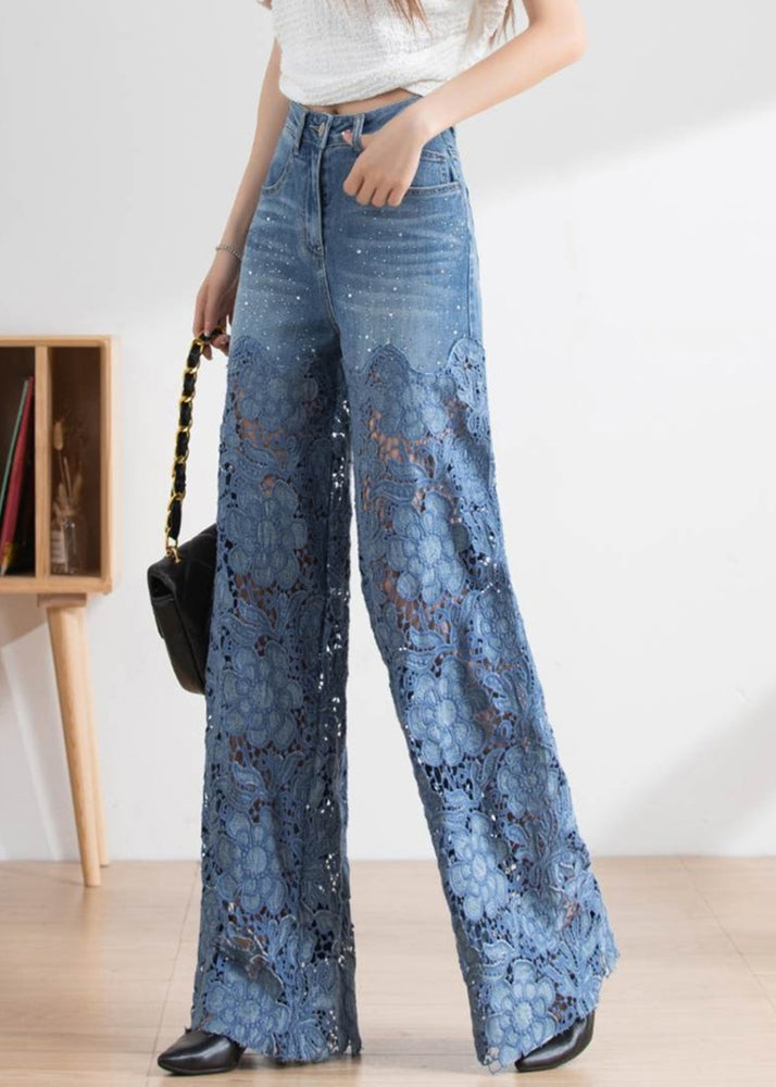 Vogue Blue Lace Patchwork Hollow Out High Waist Debun Straight Pants Spring