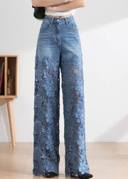 Vogue Blue Lace Patchwork Hollow Out High Waist Debun Straight Pants Spring