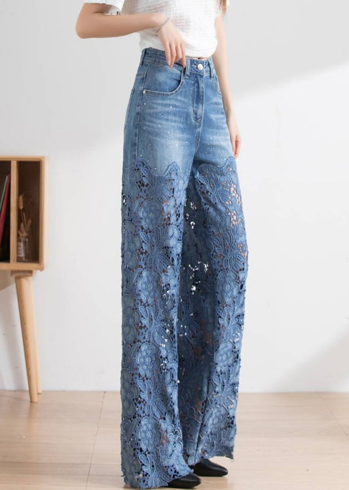 Vogue Blue Lace Patchwork Hollow Out High Waist Debun Straight Pants Spring