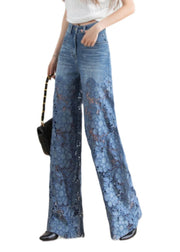 Vogue Blue Lace Patchwork Hollow Out High Waist Debun Straight Pants Spring