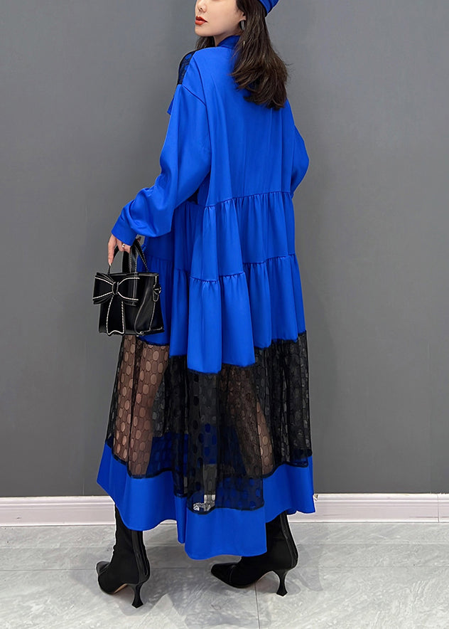 Vogue Blue O-Neck Dot Patchwork Wrinkled Tulle Maxi Dresses Fall