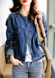 Vogue Blue O-Neck Patchwork Zippered Cotton Hooded Denim Coat Long Sleeve