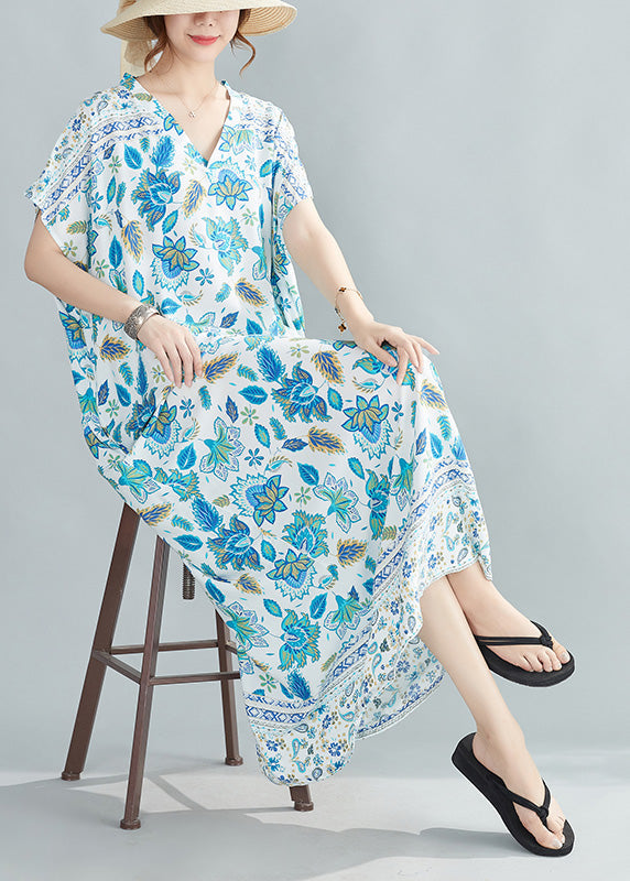 Vogue Blue Print Cotton Holiday Maxi Dresses Summer