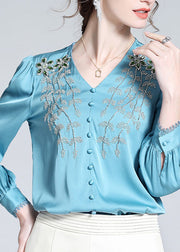 Vogue Blue V Neck Embroideried Button Nail Bead Silk Top Long Sleeve