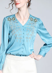 Vogue Blue V Neck Embroideried Button Nail Bead Silk Top Long Sleeve