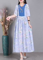 Vogue Blue V Neck Embroideried Print Patchwork Silk Holiday Dress Short Sleeve