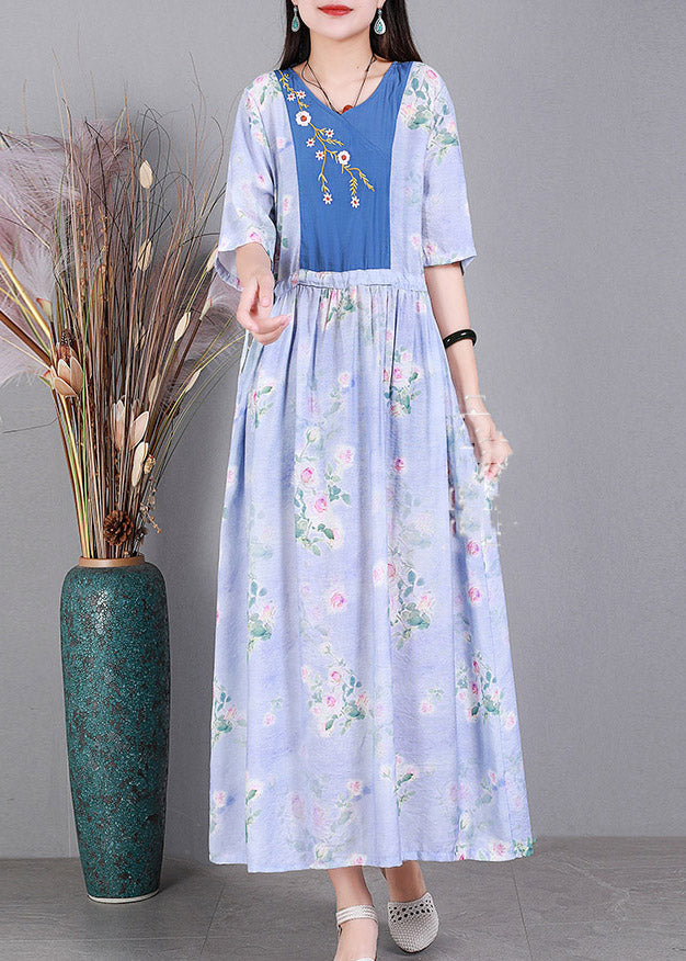 Vogue Blue V Neck Embroideried Print Patchwork Silk Holiday Dress Short Sleeve