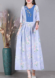 Vogue Blue V Neck Embroideried Print Patchwork Silk Holiday Dress Short Sleeve