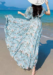 Vogue Blue V Neck Print Chiffon Maxi Beach Dresses Summer