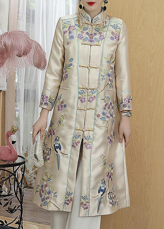 Vogue Champagne Stand Collar Embroideried Floral Bird Button Pockets Satin Coats Long Sleeve