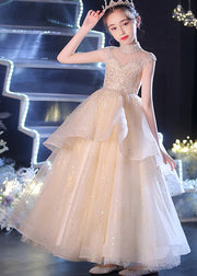 Vogue Champagne V Neck Sequins Patchwork Tulle Girls Long Dress Sleeveless