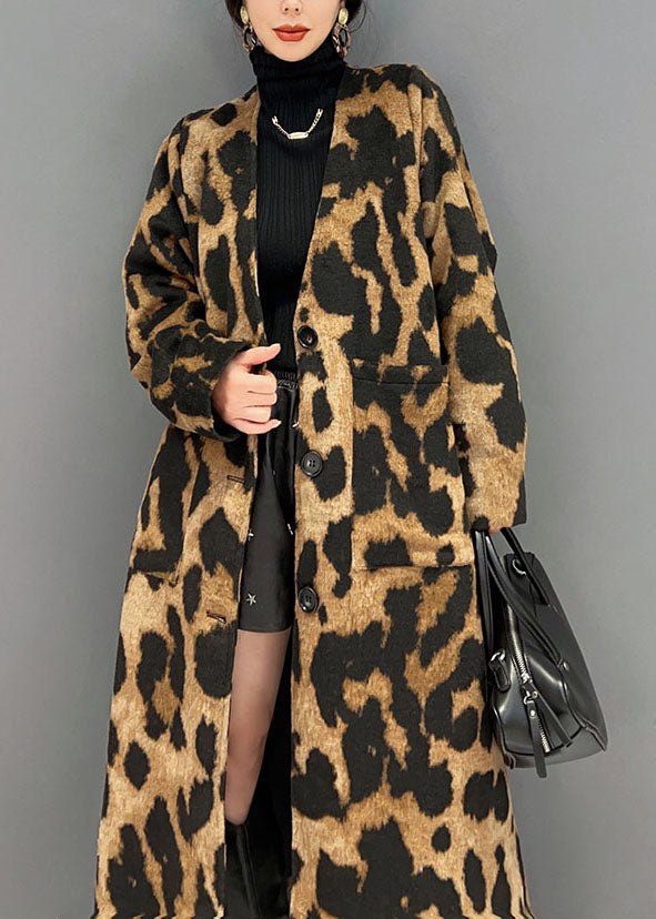 Vogue Chocolate V Neck Oversized Leopard Print Ma Hai mao Long Coat Winter