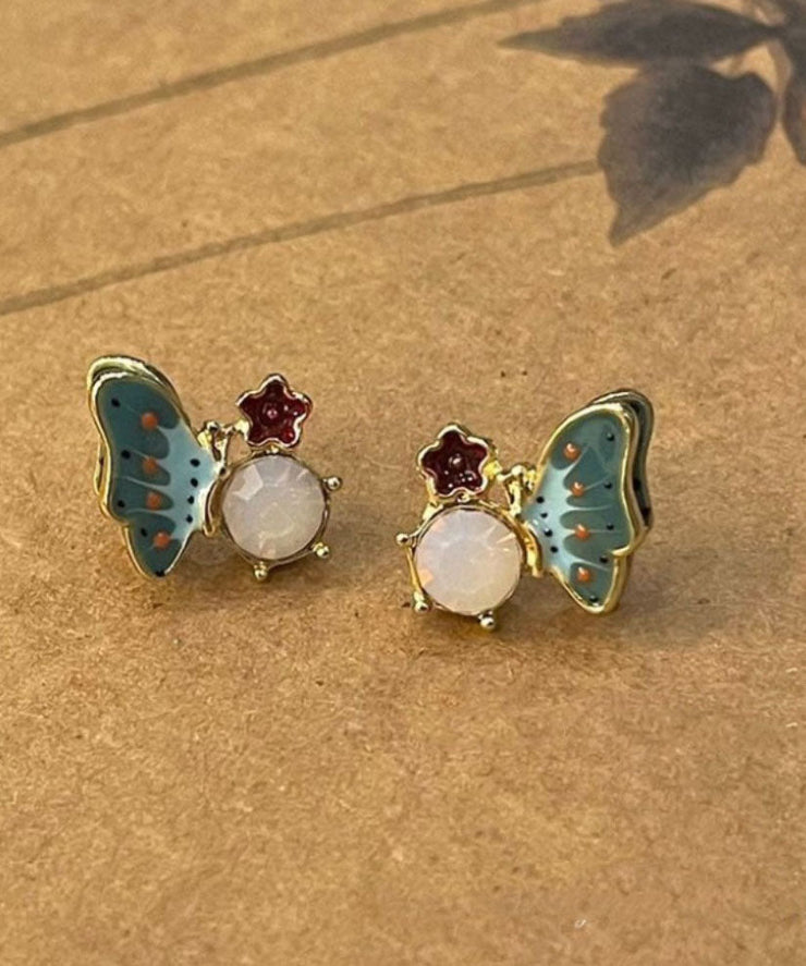 Vogue Colorblock Alloy Crystal Butterfly Enamel Floral Stud Earrings