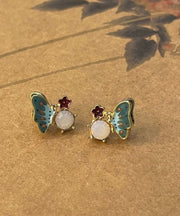 Vogue Colorblock Alloy Crystal Butterfly Enamel Floral Stud Earrings