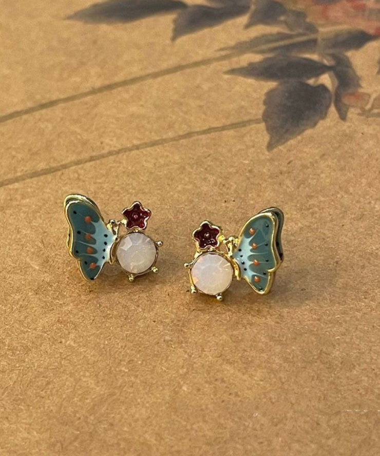 Vogue Colorblock Alloy Crystal Butterfly Enamel Floral Stud Earrings