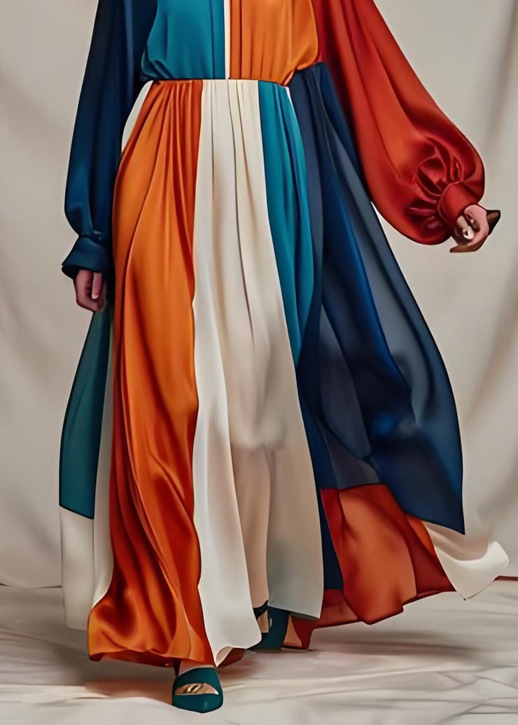 Vogue Colorblock O Neck Patchwork Draping Silk Maxi Dresses Long Sleeve