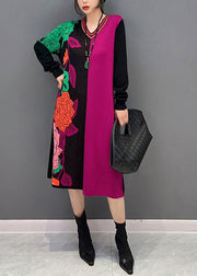 Vogue Colorblock V Neck Patchwork Print Knit Dress Winter