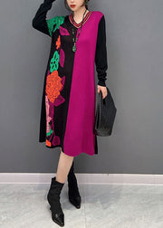 Vogue Colorblock V Neck Patchwork Print Knit Dress Winter