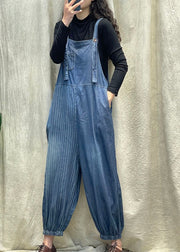 Vogue Denim Blue Striped Patchwork Button Beam Jumpsuit Spring