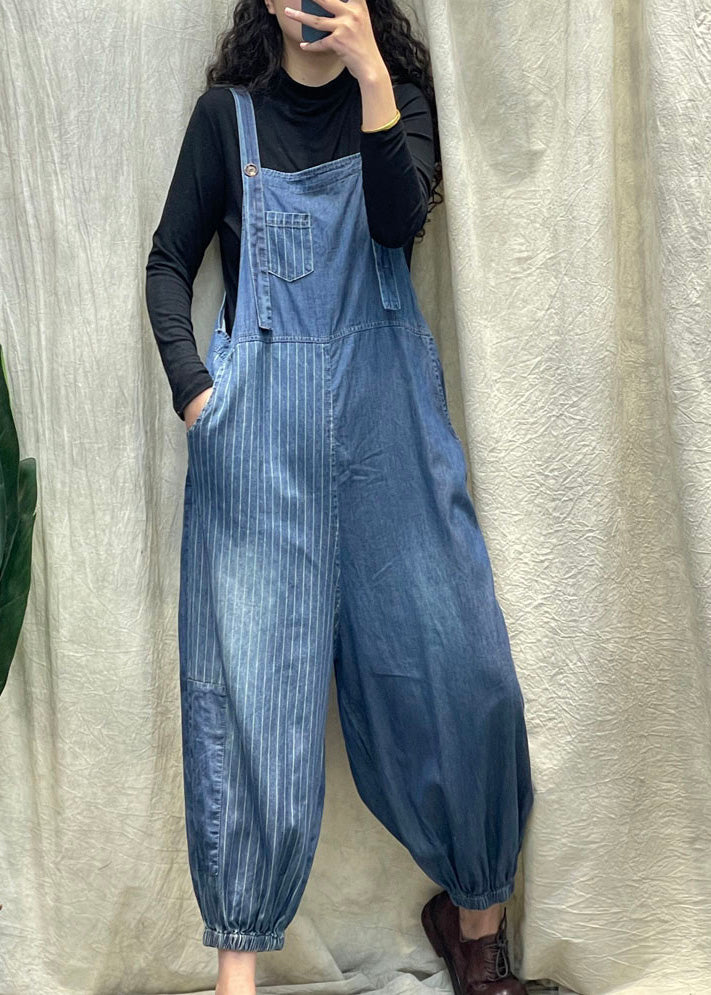 Vogue Denim Blue Striped Patchwork Button Beam Jumpsuit Spring