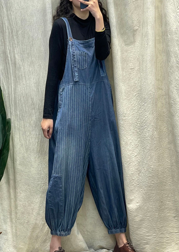 Vogue Denim Blue Striped Patchwork Button Beam Jumpsuit Spring