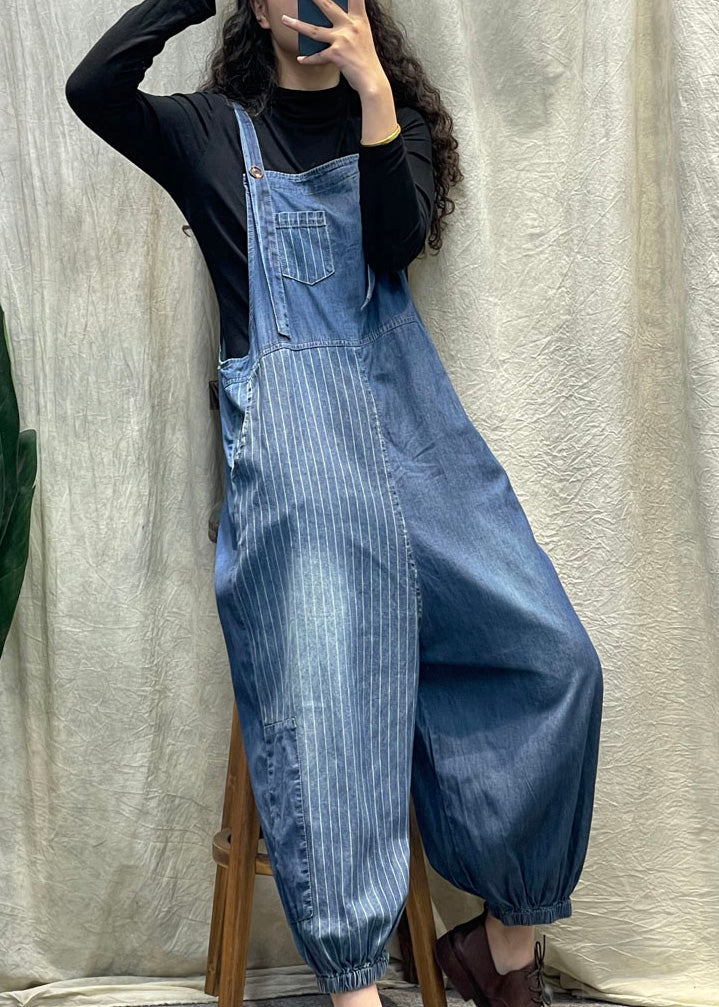 Vogue Denim Blue Striped Patchwork Button Beam Jumpsuit Spring